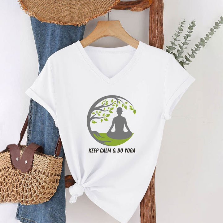 Olivenorma Keep Calm & Do Yoga Circular Tree Meditation Figure Graphic Women's V Neck T-Shirt - image 22