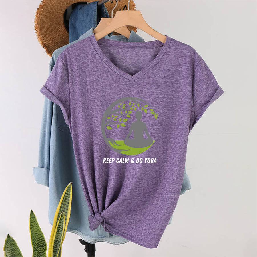 Olivenorma Keep Calm & Do Yoga Circular Tree Meditation Figure Graphic Women's V Neck T-Shirt - image 37