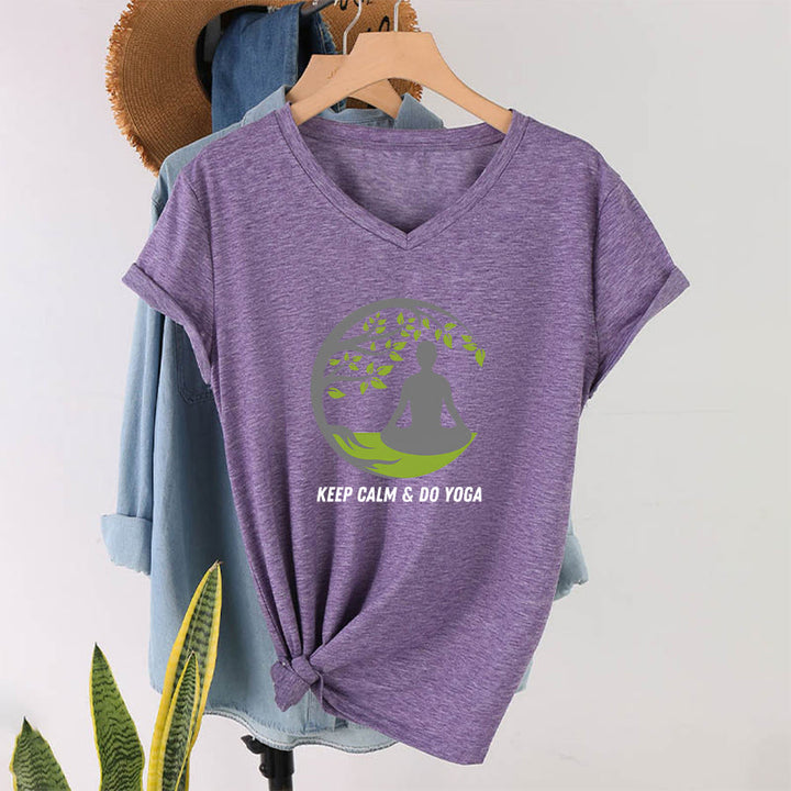 Olivenorma Keep Calm & Do Yoga Circular Tree Meditation Figure Graphic Women's V Neck T-Shirt - image 37