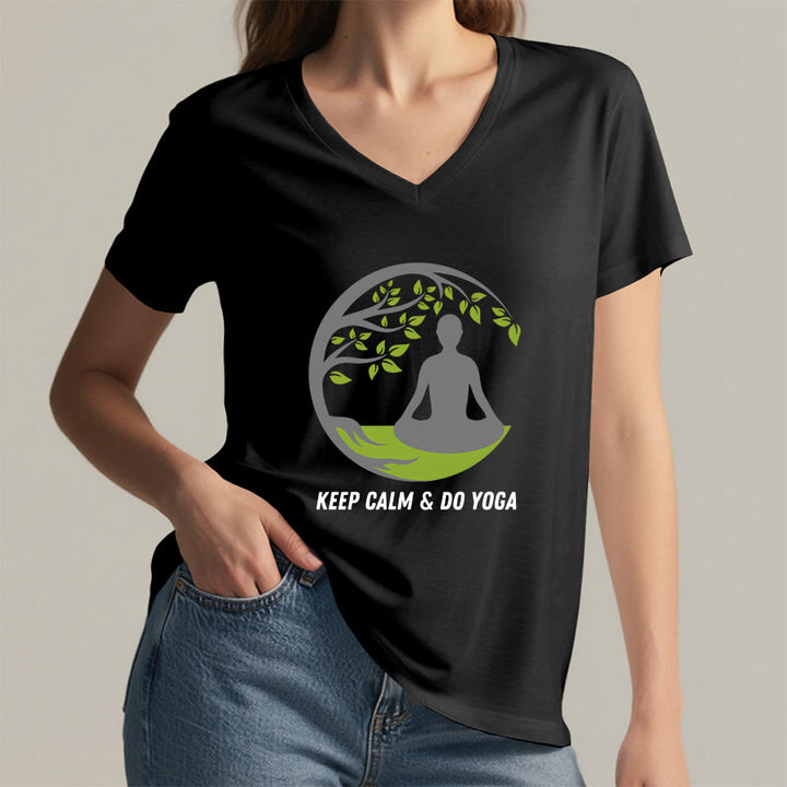 Olivenorma Keep Calm & Do Yoga Circular Tree Meditation Figure Graphic Women's V Neck T-Shirt - image 17
