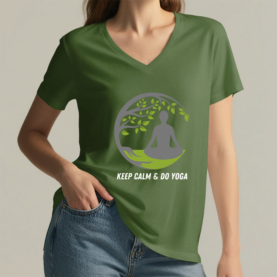Olivenorma Keep Calm & Do Yoga Circular Tree Meditation Figure Graphic Women's V Neck T-Shirt - image 8