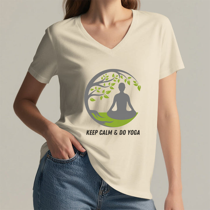 Olivenorma Keep Calm & Do Yoga Circular Tree Meditation Figure Graphic Women's V Neck T-Shirt - image 5