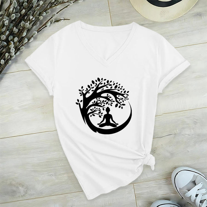 Olivenorma Enso Circle Tree Branch Meditation Silhouette Graphic Women's V Neck T-Shirt - White - 2XL - image 3