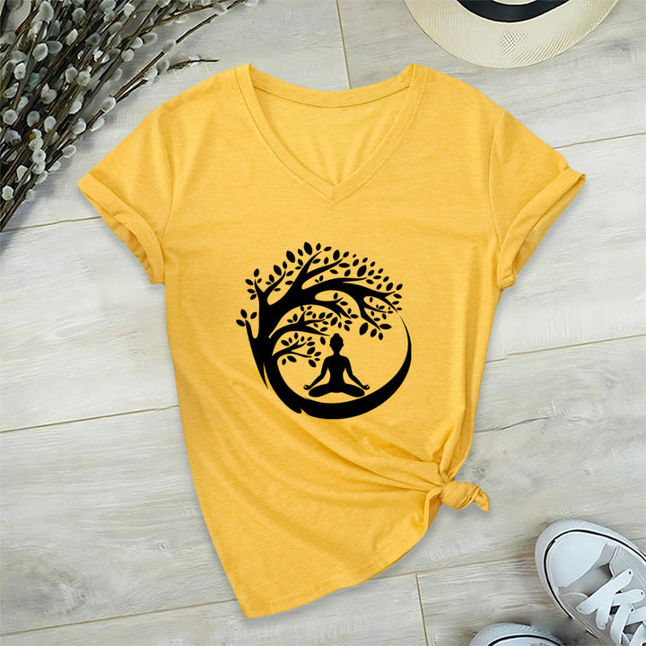 Olivenorma Enso Circle Tree Branch Meditation Silhouette Graphic Women's V Neck T-Shirt - Yellow - 2XL - image 30