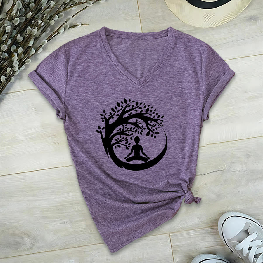 Olivenorma Enso Circle Tree Branch Meditation Silhouette Graphic Women's V Neck T-Shirt - Purple - 2XL - image 36