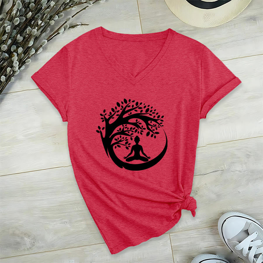 Olivenorma Enso Circle Tree Branch Meditation Silhouette Graphic Women's V Neck T-Shirt - Red - 2XL - image 27