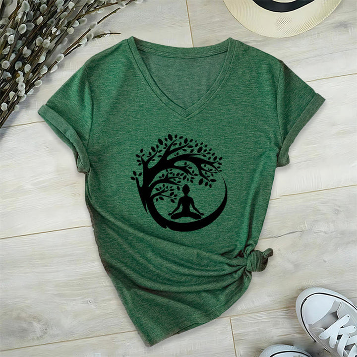 Olivenorma Enso Circle Tree Branch Meditation Silhouette Graphic Women's V Neck T-Shirt - Dark Green - 2XL - image 6