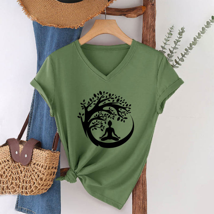Olivenorma Enso Circle Tree Branch Meditation Silhouette Graphic Women's V Neck T-Shirt - image 10