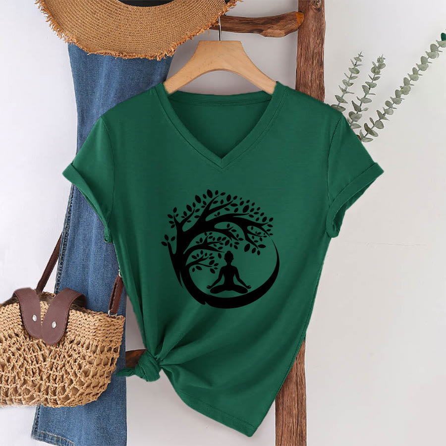 Olivenorma Enso Circle Tree Branch Meditation Silhouette Graphic Women's V Neck T-Shirt - image 7