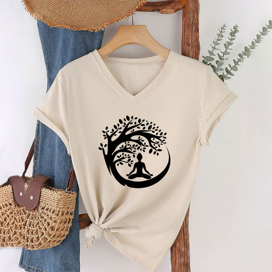 Olivenorma Enso Circle Tree Branch Meditation Silhouette Graphic Women's V Neck T-Shirt - image 13
