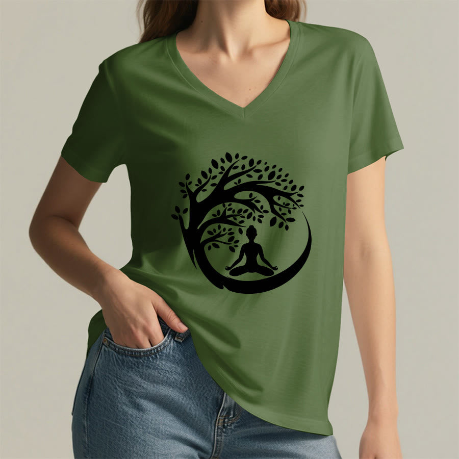 Olivenorma Enso Circle Tree Branch Meditation Silhouette Graphic Women's V Neck T-Shirt - image 11