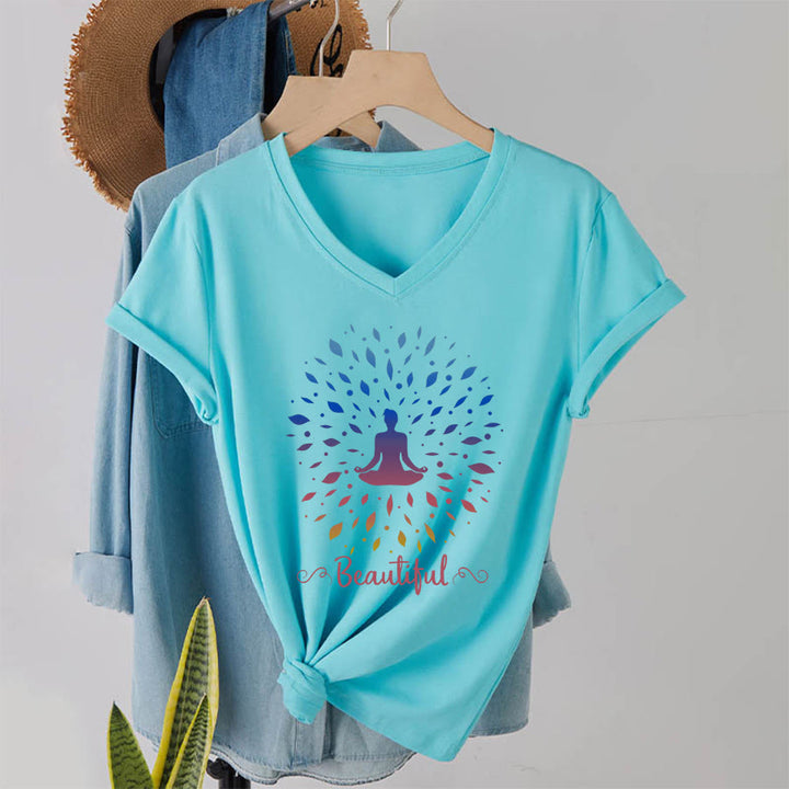Olivenorma Gradient Leaf Mandala Meditation Figure Beautiful Script Graphic Women's V Neck T-Shirt - Lake Blue - 2XL - image 16
