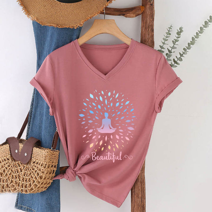 Olivenorma Gradient Leaf Mandala Meditation Figure Beautiful Script Graphic Women's V Neck T-Shirt - Pink - 2XL - image 13