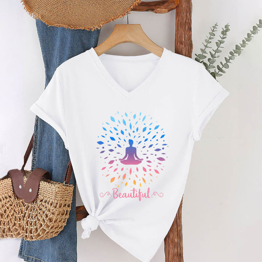 Olivenorma Gradient Leaf Mandala Meditation Figure Beautiful Script Graphic Women's V Neck T-Shirt - White - 2XL - image 22