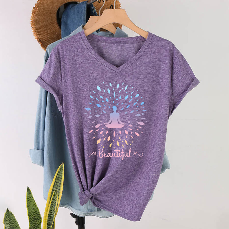 Olivenorma Gradient Leaf Mandala Meditation Figure Beautiful Script Graphic Women's V Neck T-Shirt - Purple - 2XL - image 37