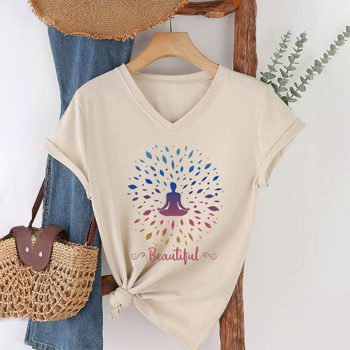Olivenorma Gradient Leaf Mandala Meditation Figure Beautiful Script Graphic Women's V Neck T-Shirt - Khaki - 2XL - image 10