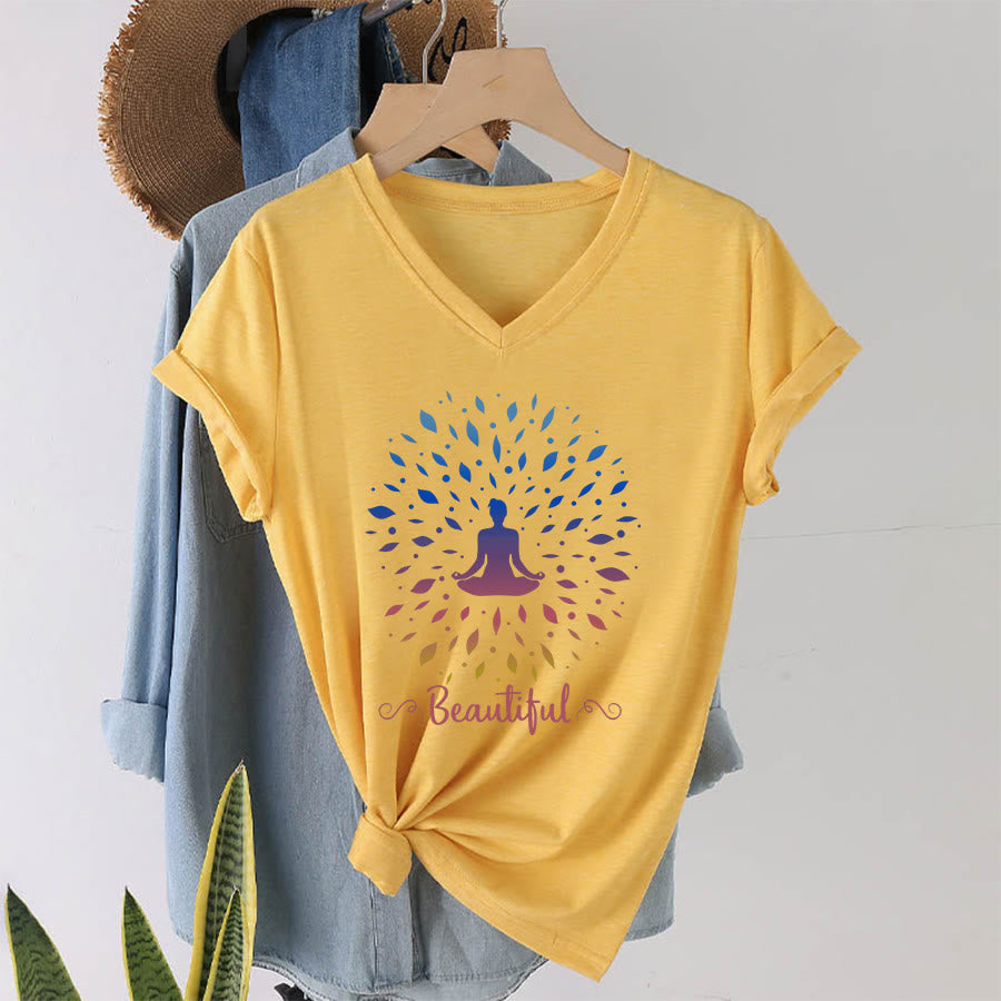Olivenorma Gradient Leaf Mandala Meditation Figure Beautiful Script Graphic Women's V Neck T-Shirt - Yellow - 2XL - image 31