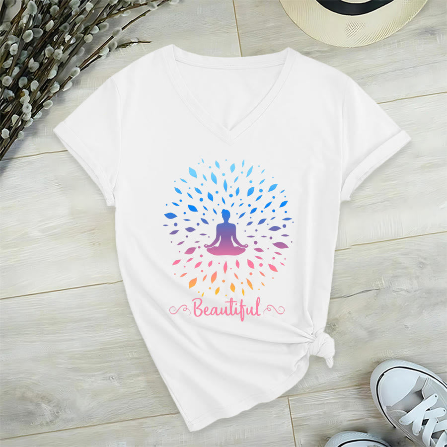Olivenorma Gradient Leaf Mandala Meditation Figure Beautiful Script Graphic Women's V Neck T-Shirt - image 21