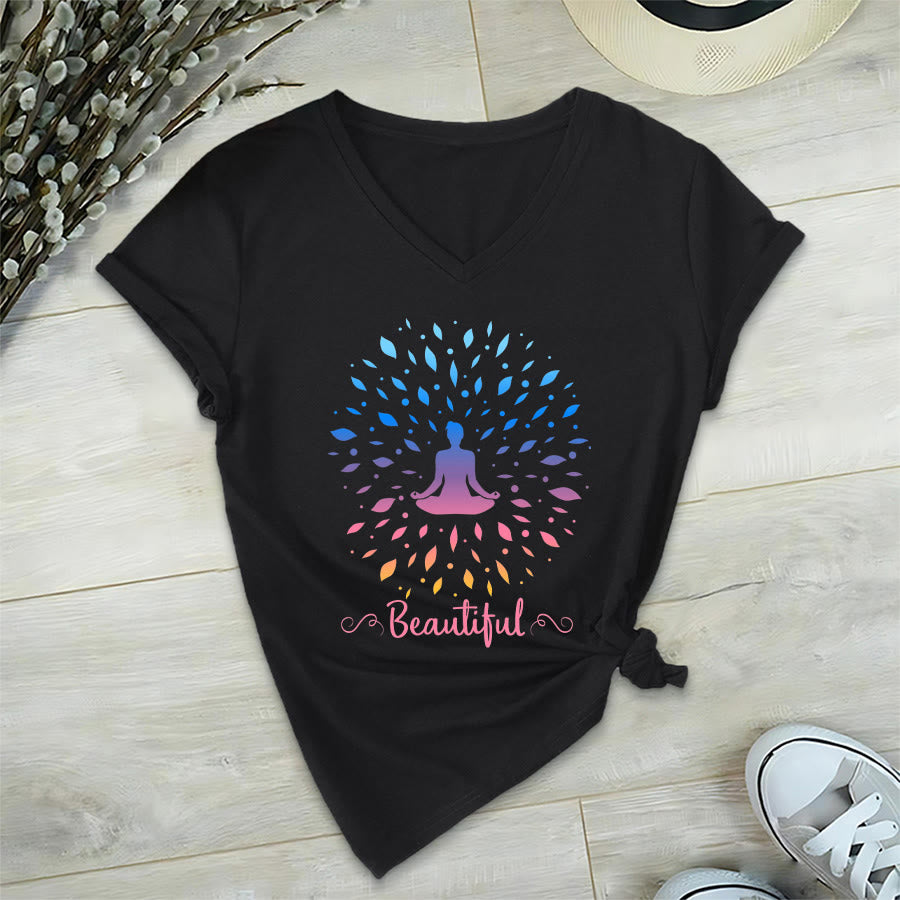 Olivenorma Gradient Leaf Mandala Meditation Figure Beautiful Script Graphic Women's V Neck T-Shirt - image 0