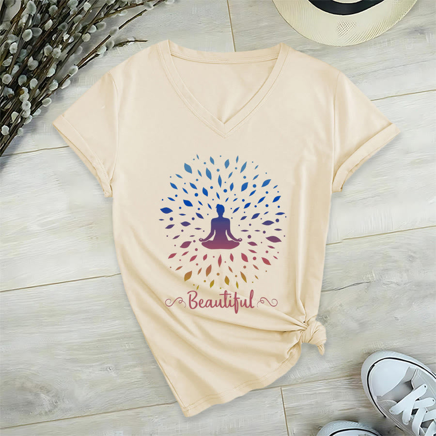 Olivenorma Gradient Leaf Mandala Meditation Figure Beautiful Script Graphic Women's V Neck T-Shirt - image 9