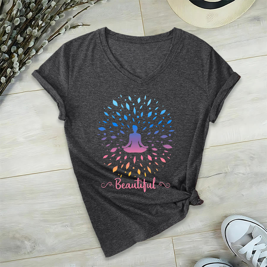 Olivenorma Gradient Leaf Mandala Meditation Figure Beautiful Script Graphic Women's V Neck T-Shirt - image 18