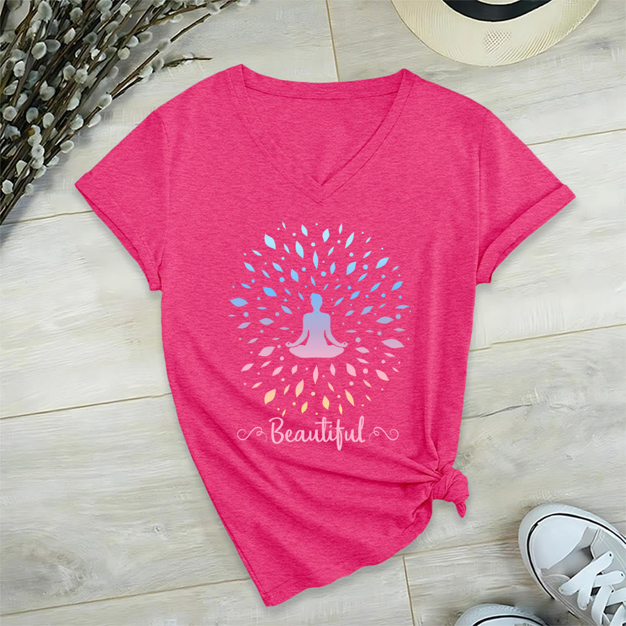 Olivenorma Gradient Leaf Mandala Meditation Figure Beautiful Script Graphic Women's V Neck T-Shirt - image 33