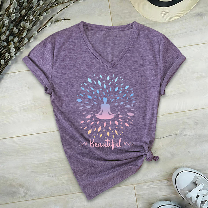 Olivenorma Gradient Leaf Mandala Meditation Figure Beautiful Script Graphic Women's V Neck T-Shirt - image 36