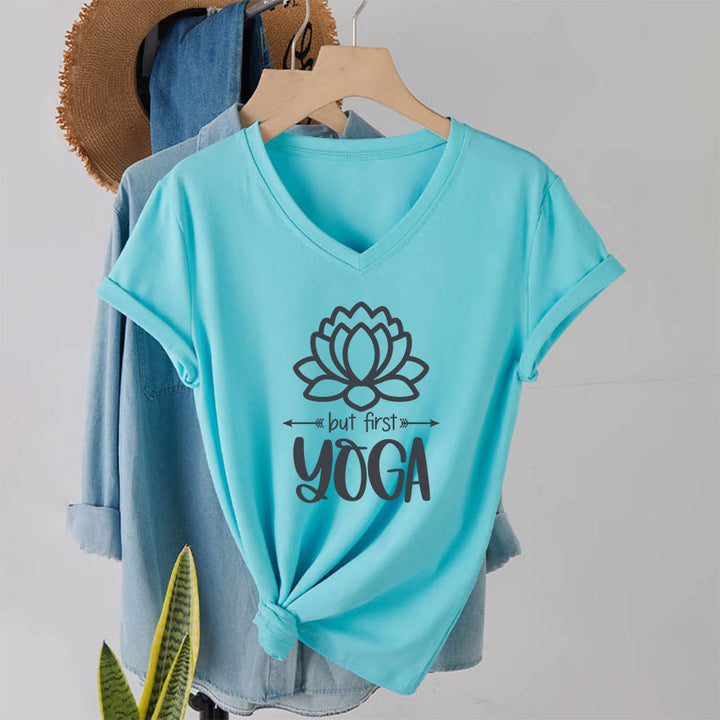 Olivenorma But First Yoga Simple Outline Lotus Text Graphic Women's V Neck T-Shirt - Lake Blue - 2XL - image 16