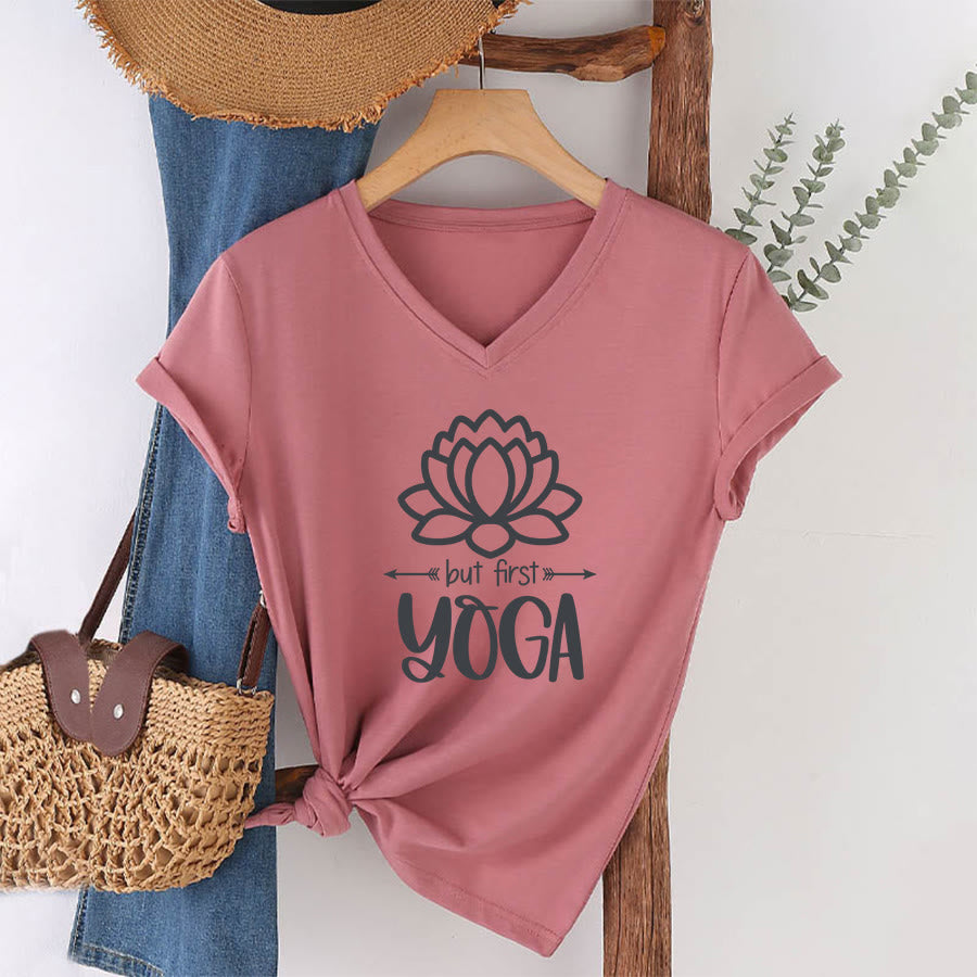 Olivenorma But First Yoga Simple Outline Lotus Text Graphic Women's V Neck T-Shirt - Pink - 2XL - image 13