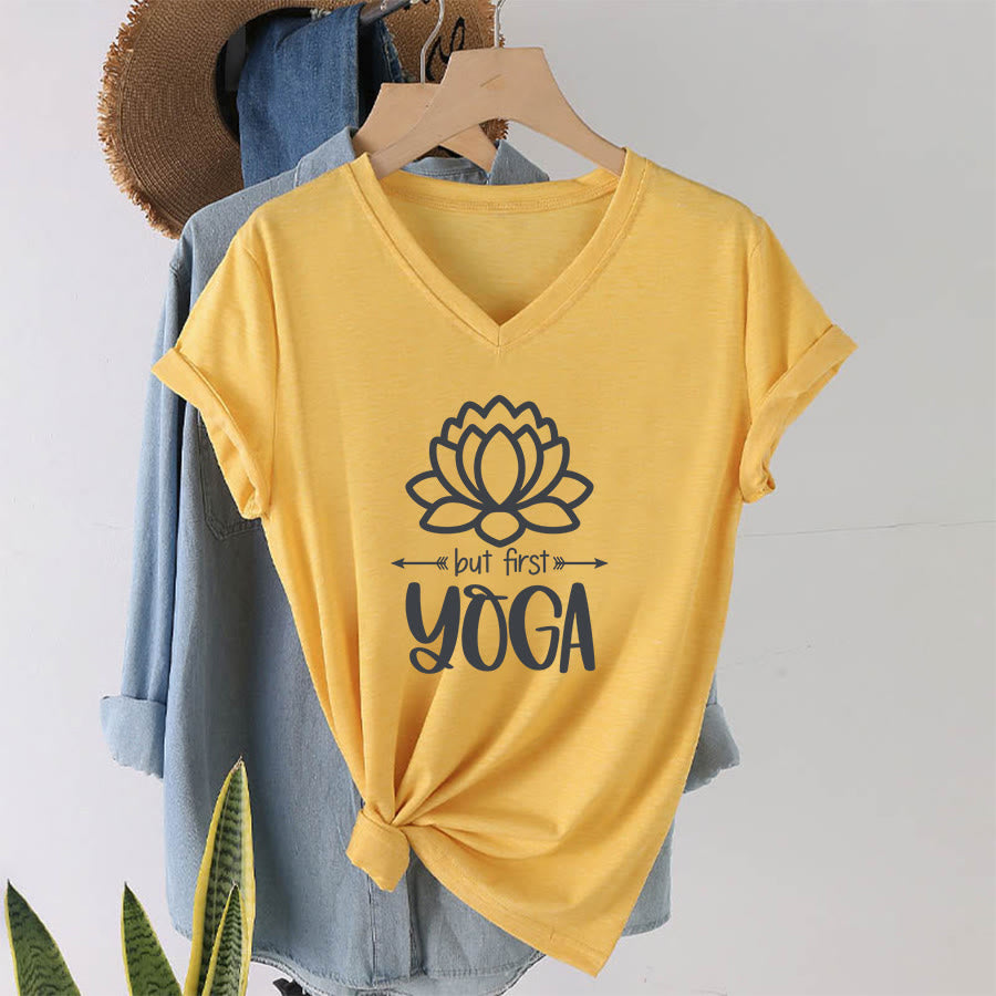 Olivenorma But First Yoga Simple Outline Lotus Text Graphic Women's V Neck T-Shirt - Yellow - 2XL - image 31