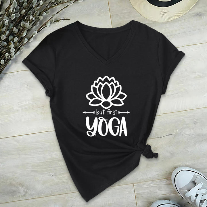 Olivenorma But First Yoga Simple Outline Lotus Text Graphic Women's V Neck T-Shirt - image 18