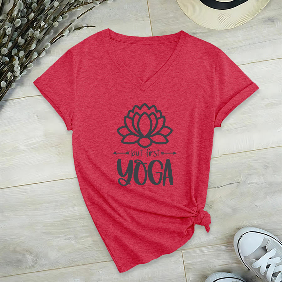 Olivenorma But First Yoga Simple Outline Lotus Text Graphic Women's V Neck T-Shirt - image 27