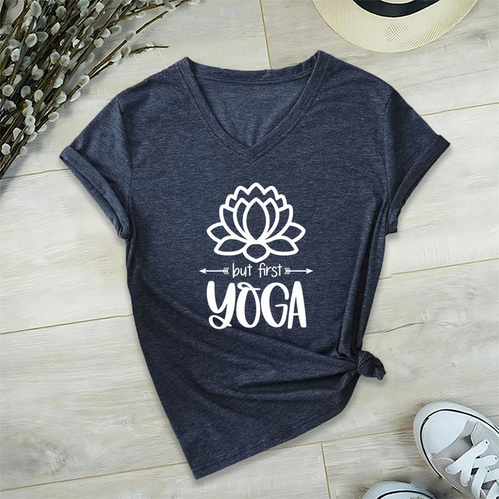 Olivenorma But First Yoga Simple Outline Lotus Text Graphic Women's V Neck T-Shirt - image 24