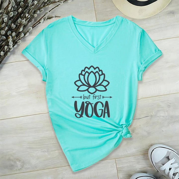 Olivenorma But First Yoga Simple Outline Lotus Text Graphic Women's V Neck T-Shirt - image 15