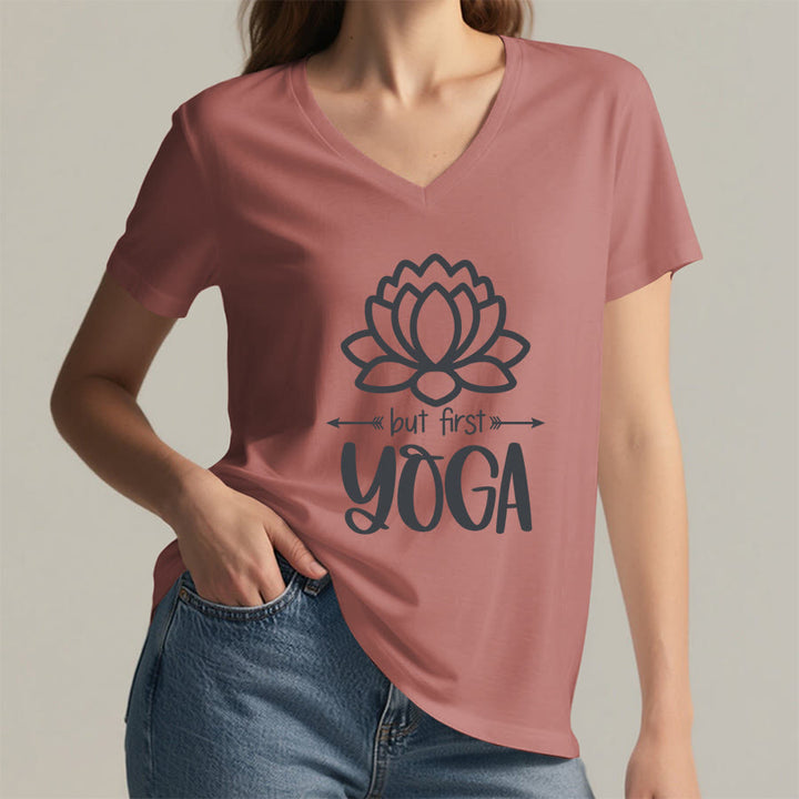 Olivenorma But First Yoga Simple Outline Lotus Text Graphic Women's V Neck T-Shirt - image 14