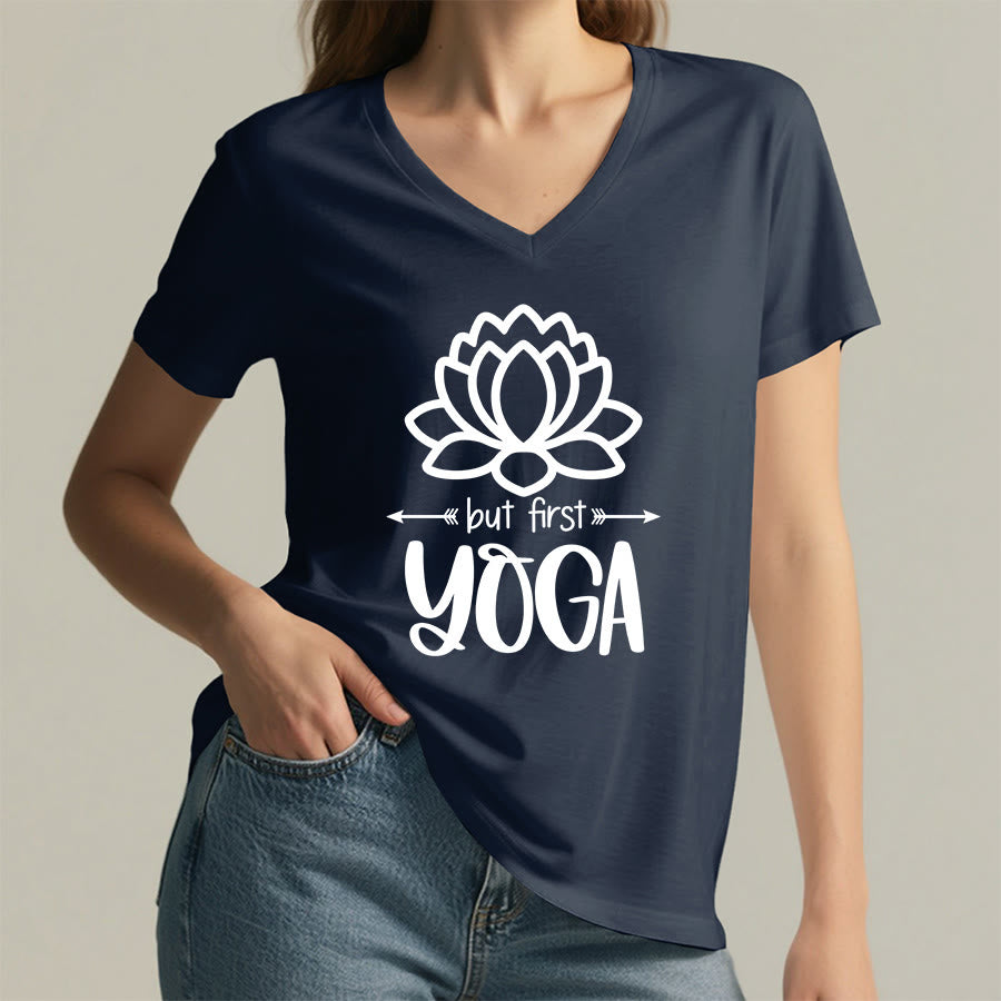 Olivenorma But First Yoga Simple Outline Lotus Text Graphic Women's V Neck T-Shirt - image 26