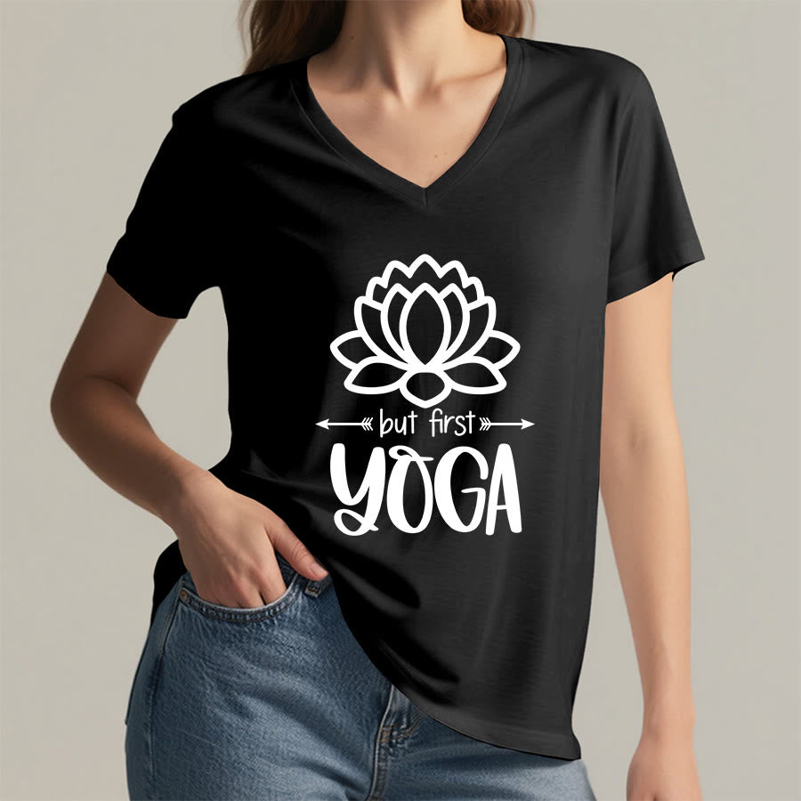 Olivenorma But First Yoga Simple Outline Lotus Text Graphic Women's V Neck T-Shirt - image 20