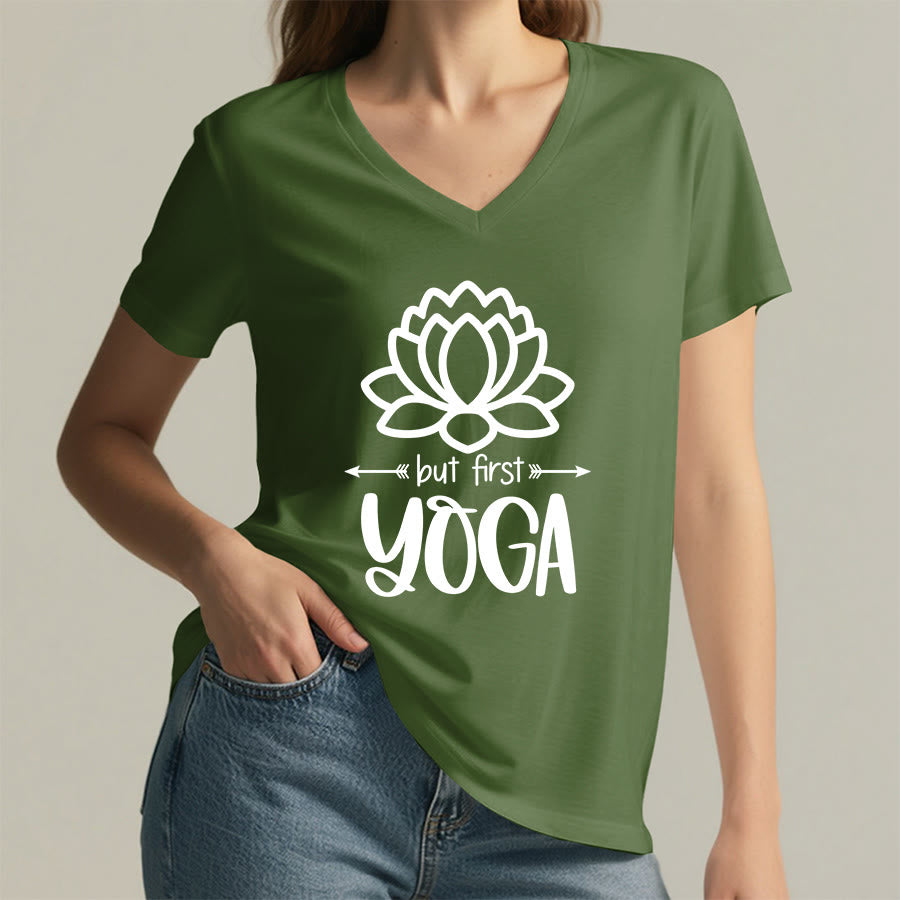 Olivenorma But First Yoga Simple Outline Lotus Text Graphic Women's V Neck T-Shirt - image 2