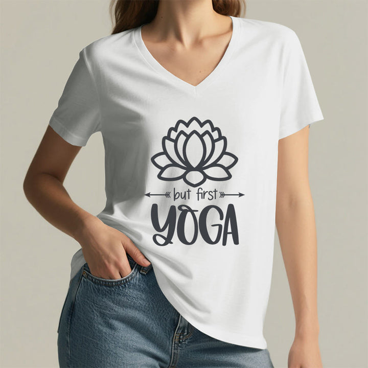Olivenorma But First Yoga Simple Outline Lotus Text Graphic Women's V Neck T-Shirt - image 5