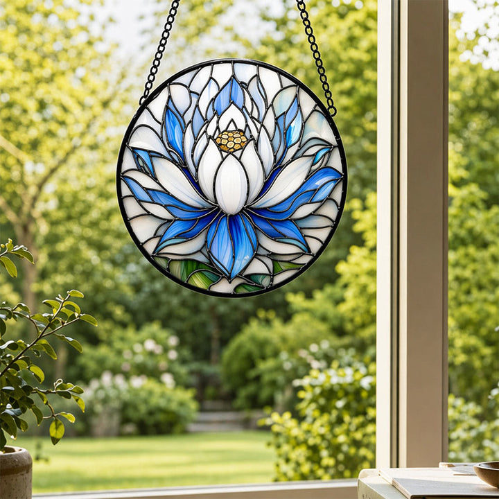 Olivenorma 2D Round Blue White Lotus Mosaic Stained Glass Sun Catcher - image 1