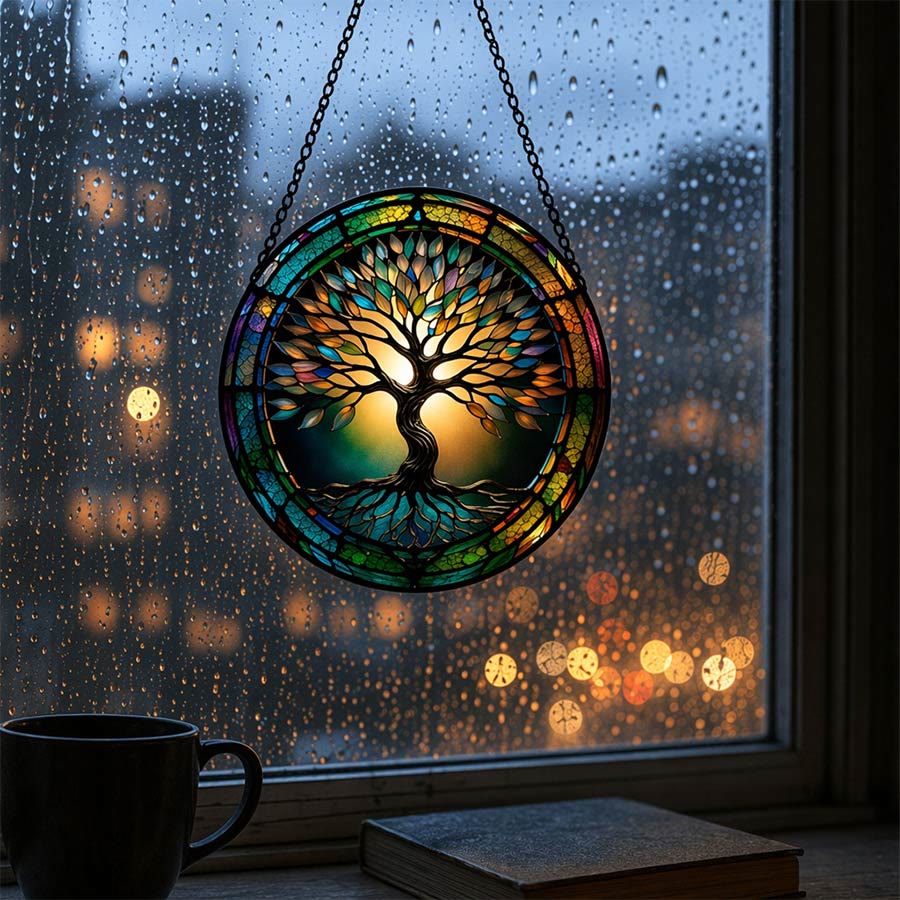 Olivenorma 2D Round Gradient Rim Silhouette Tree Of Life Stained Glass Sun Catcher - image 2