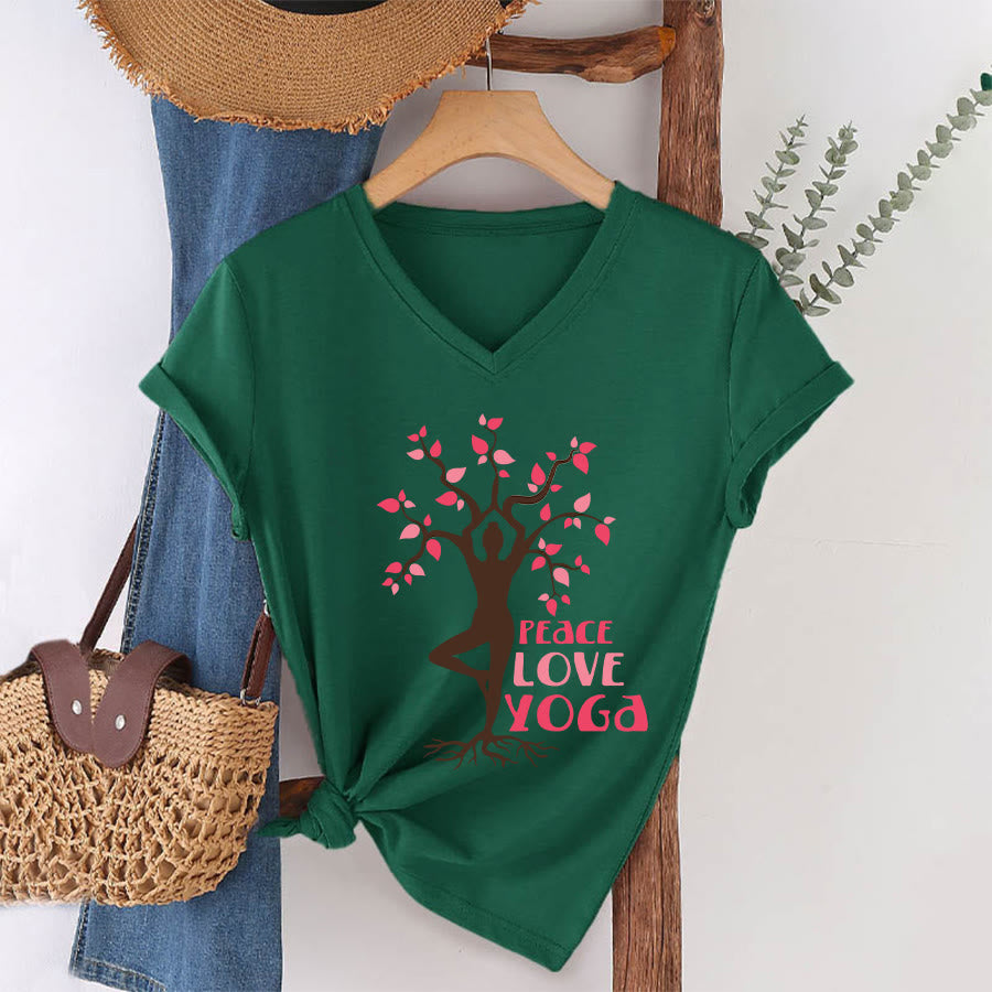 Olivenorma Peace Love Yoga Tree Pose Tree Of Life Graphic Women's V Neck T-Shirt - Dark Green - 2XL - image 7