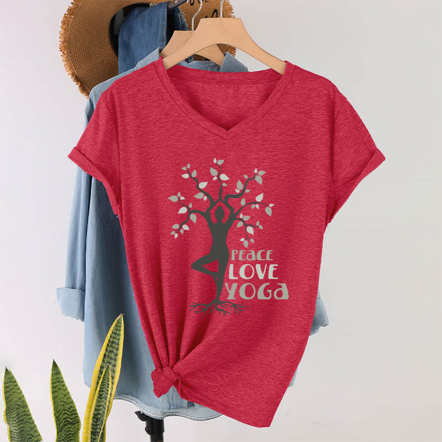 Olivenorma Peace Love Yoga Tree Pose Tree Of Life Graphic Women's V Neck T-Shirt - Red - 2XL - image 28