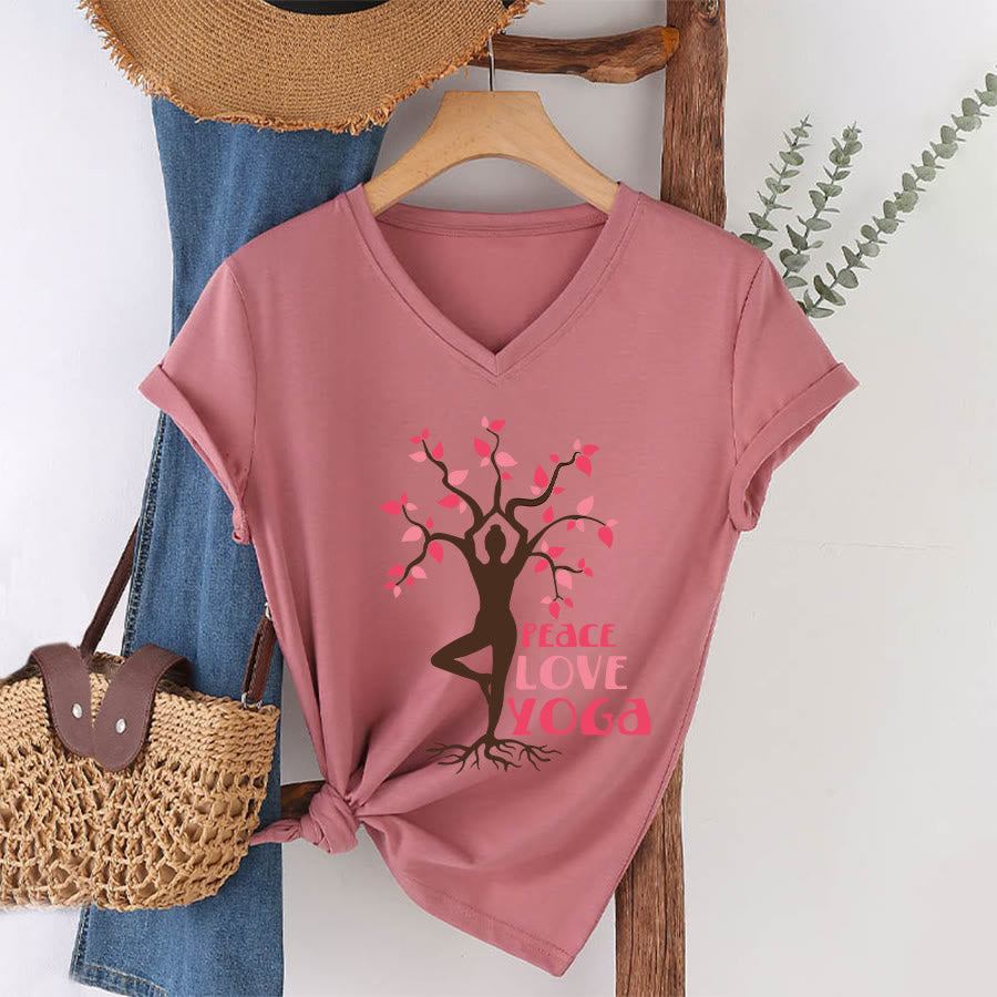 Olivenorma Peace Love Yoga Tree Pose Tree Of Life Graphic Women's V Neck T-Shirt - Pink - 2XL - image 13