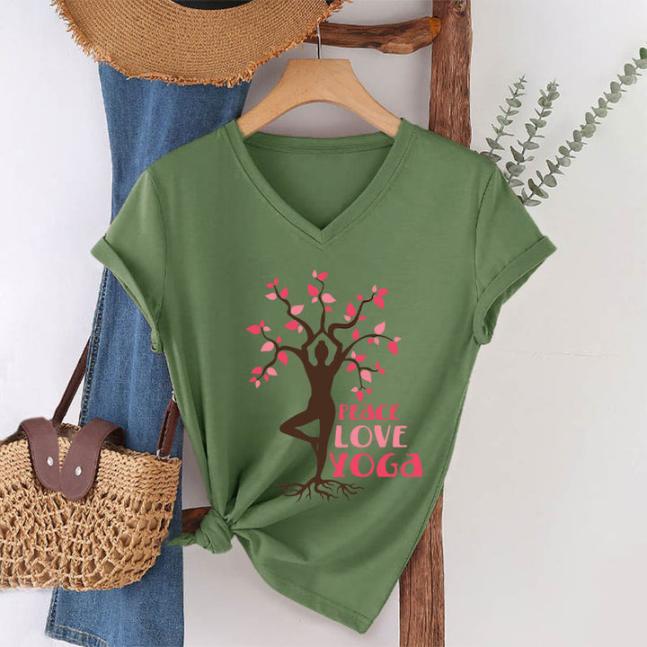Olivenorma Peace Love Yoga Tree Pose Tree Of Life Graphic Women's V Neck T-Shirt - Olive Green - 2XL - image 10