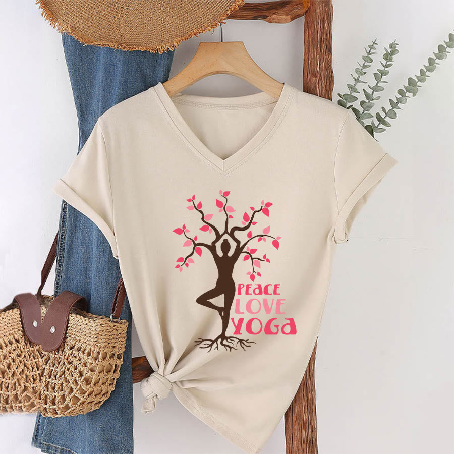 Olivenorma Peace Love Yoga Tree Pose Tree Of Life Graphic Women's V Neck T-Shirt - Khaki - 2XL - image 4