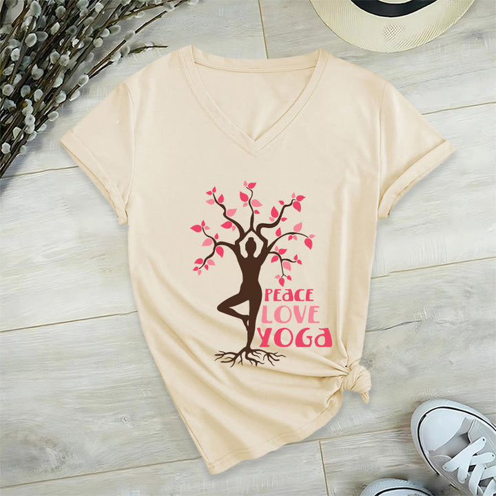 Olivenorma Peace Love Yoga Tree Pose Tree Of Life Graphic Women's V Neck T-Shirt - image 3
