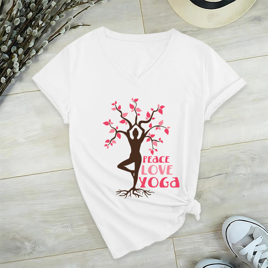 Olivenorma Peace Love Yoga Tree Pose Tree Of Life Graphic Women's V Neck T-Shirt - image 0
