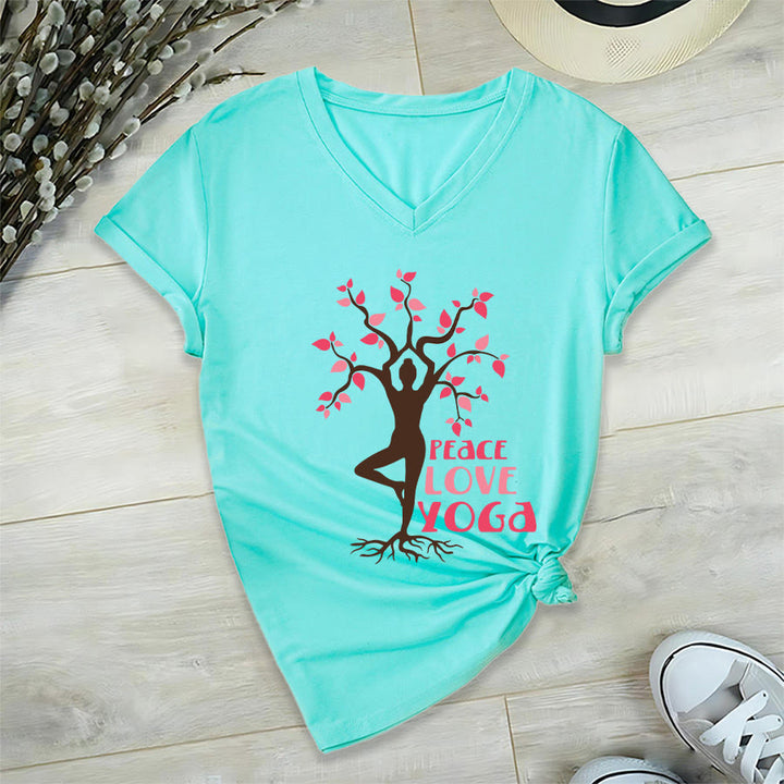 Olivenorma Peace Love Yoga Tree Pose Tree Of Life Graphic Women's V Neck T-Shirt - image 15