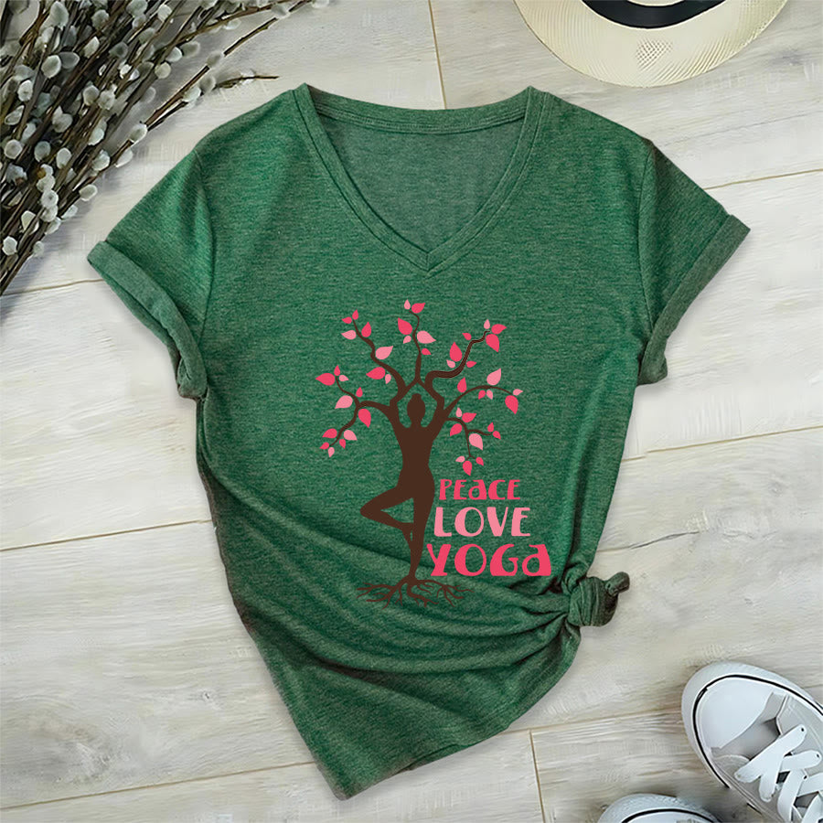 Olivenorma Peace Love Yoga Tree Pose Tree Of Life Graphic Women's V Neck T-Shirt - image 6
